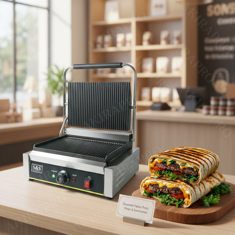 Presse Panini Professionnelle Électrique – Grill Commercial en Acier Inox – Haute Puissance & Rainures Anti-Adhésives