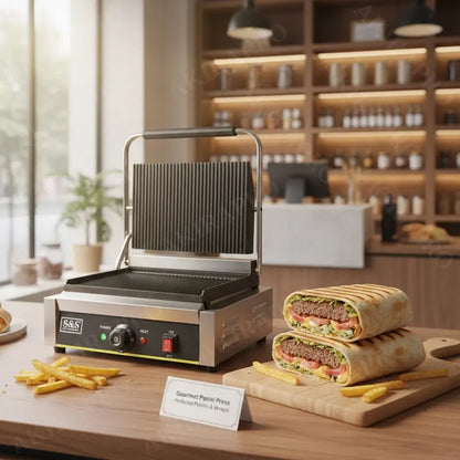 Presse Panini Professionnelle Électrique – Grill Commercial en Acier Inox – Haute Puissance & Rainures Anti-Adhésives