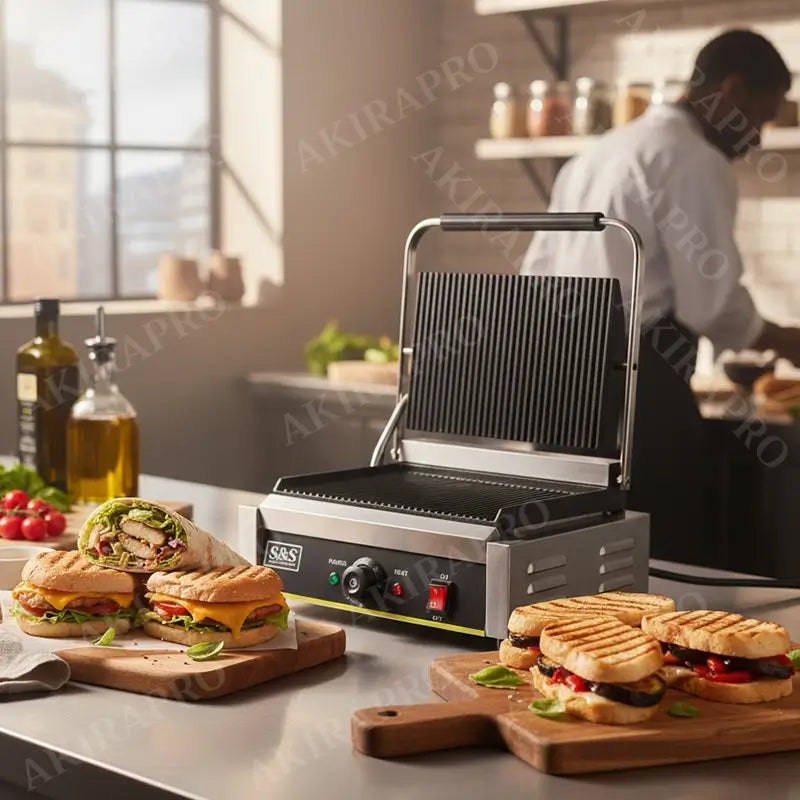 Presse Panini Professionnelle Électrique – Grill Commercial en Acier Inox – Haute Puissance & Rainures Anti-Adhésives